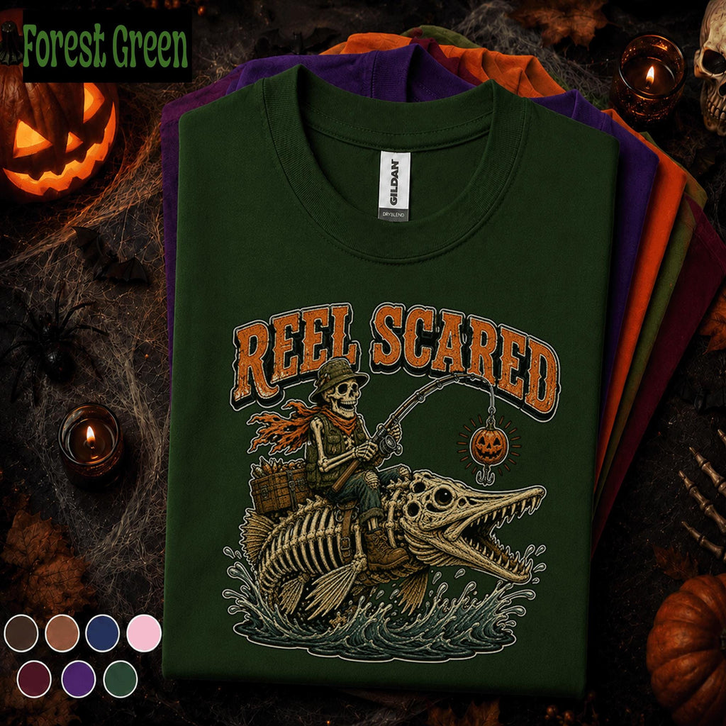 Reel Scared Halloween Fishing Shirt, Skeleton Fisherman Tee, Spooky Angler Gift, Pumpkin Fishing Lure Shirt, Funny Fishing Fall Tee