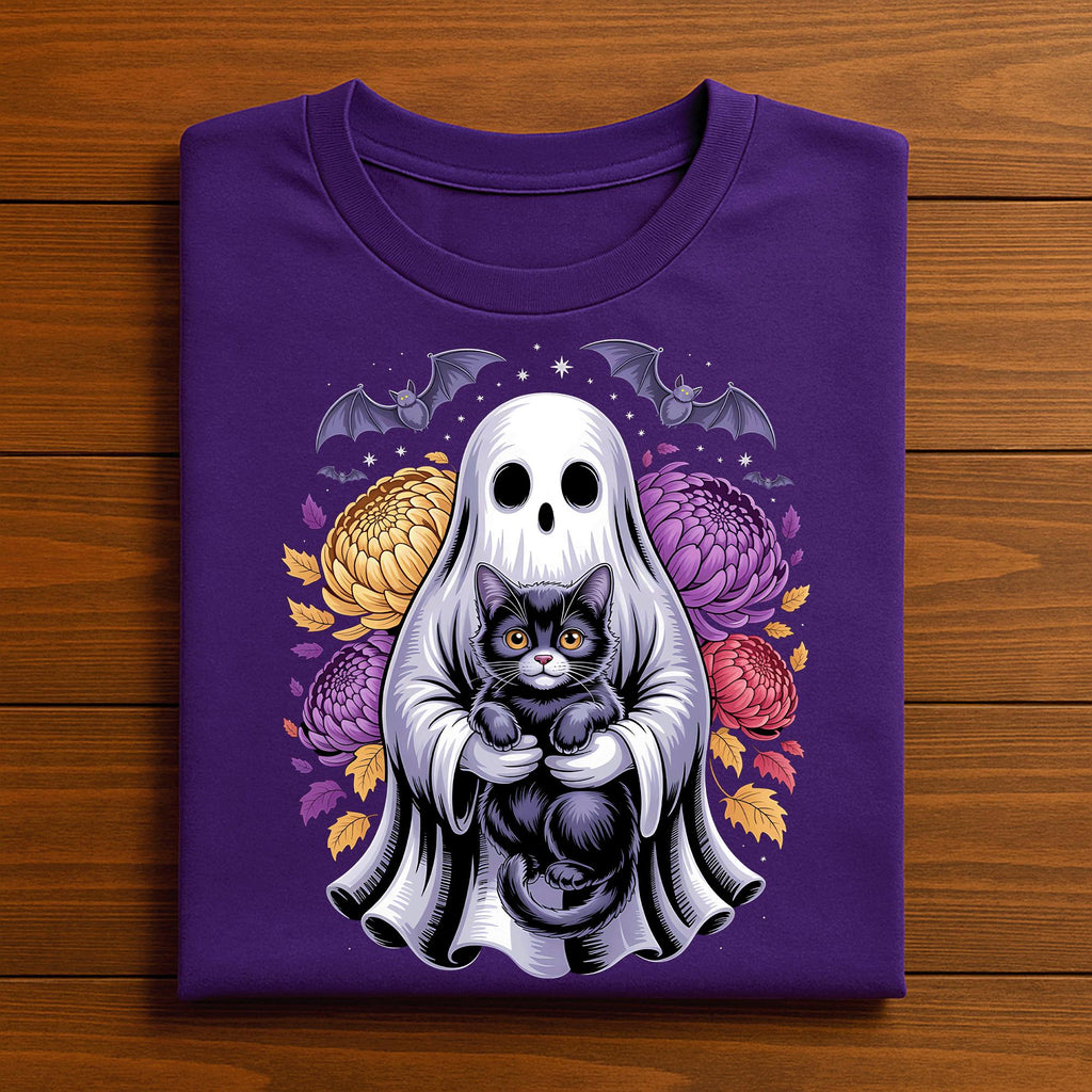 Ghost Black Cat Shirt, Halloween Spooky Floral Bat Tee