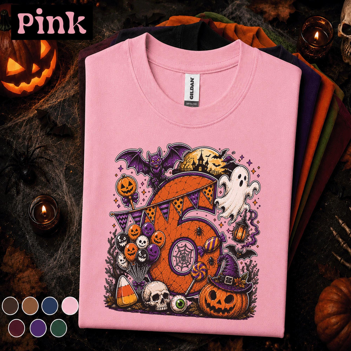 6th Birthday Halloween Shirt, Spooky Number 6 Tee, October Birthday Party Shirt, Ghost Pumpkin Witch Kids Halloween Gift for Girls Boys