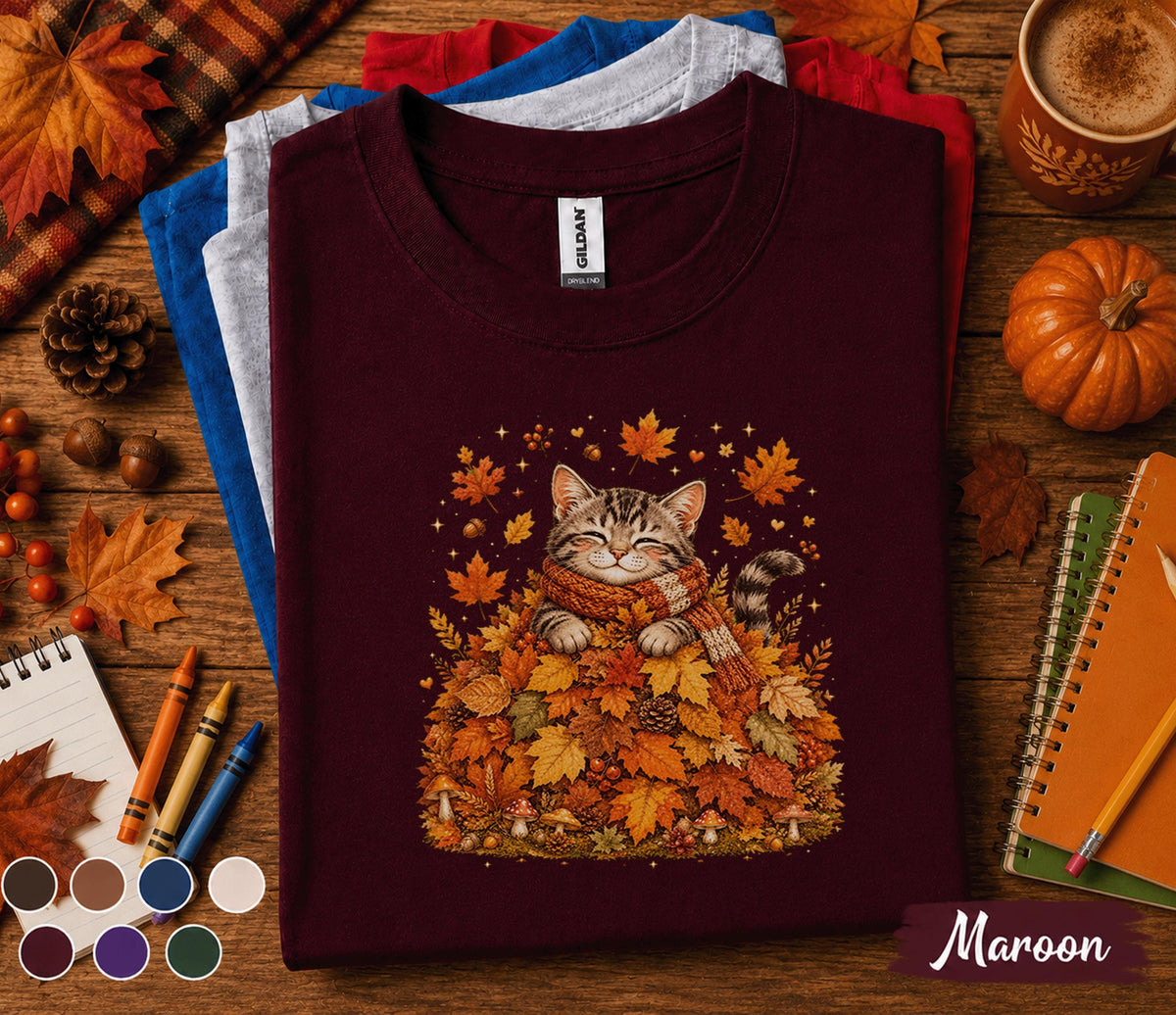 Cute Fall Cat Shirt, Cozy Autumn Kitten Tee, Sleeping Cat in Fall Leaves, Pumpkin Season Cat Lover Gift, Thanksgiving T-Shirt