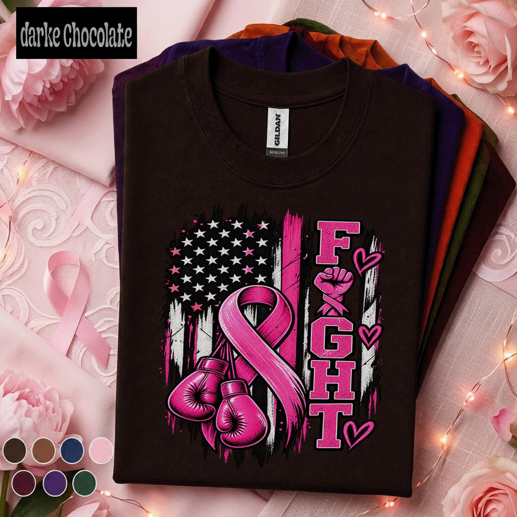 Breast Cancer Awareness Shirt, Fight Pink Ribbon Tee, Boxing Gloves Fighter Shirt, American Flag October Support Survivor Gift Women