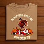 Pumpkins Before Presents Funny Thanksgiving Shirt, Funny Turkey Tee, Fall Holiday Outfit for Family & Friends, Gift Thanksgiving Sweatshirt