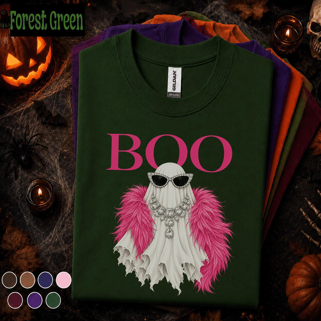 Boo Ghost Halloween Shirt, Pink Glam Ghost Tee, Girly Spooky Season Shirt, Rhinestone Fashion Ghost, Cute Halloween Gift for Women