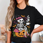 Skeleton Witch Coffee Halloween Shirt, Spooky Pumpkin Skeleton Sweatshirt, Witch Hat Skeleton Drinking Coffee Tee, Funny Spooky Season Gift