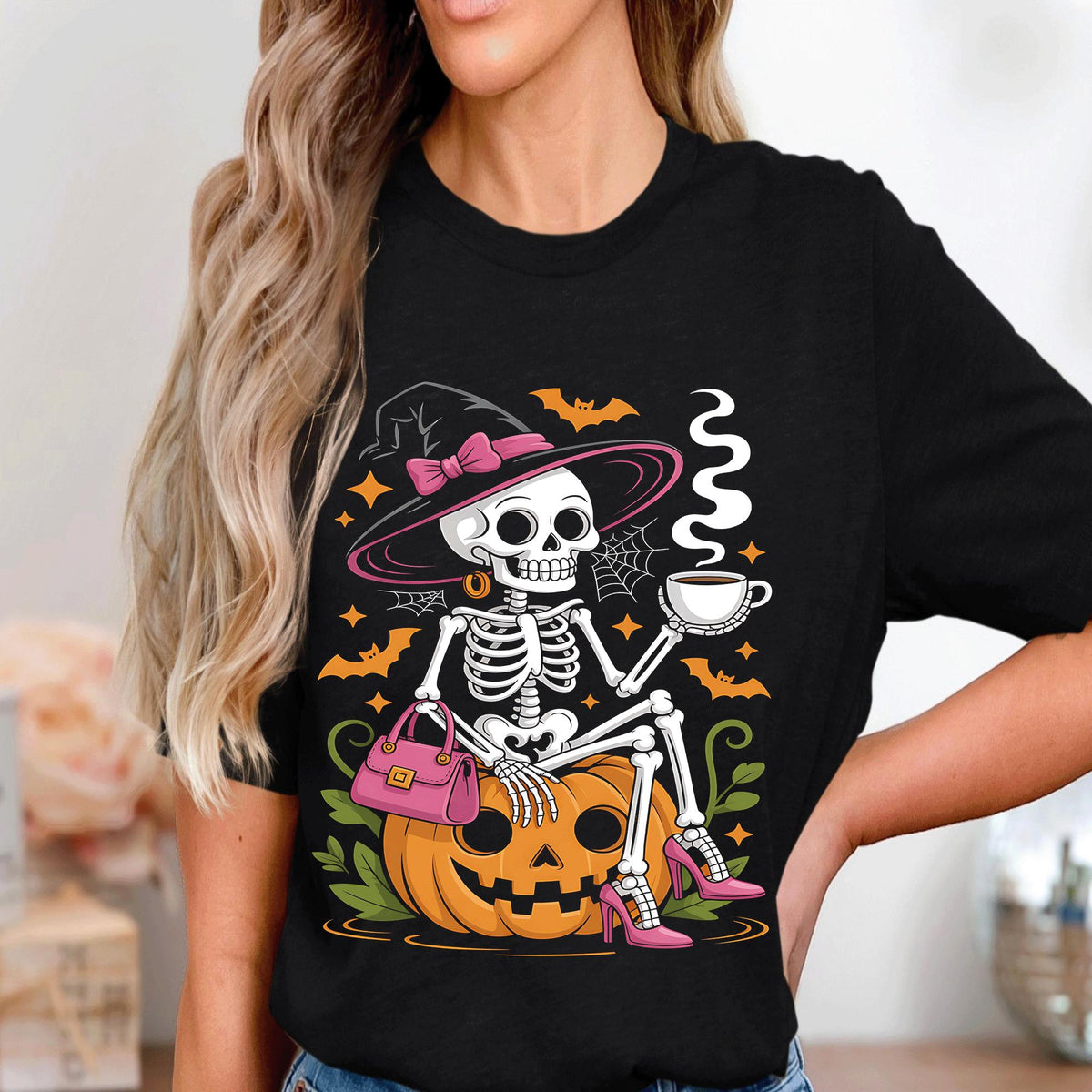 Skeleton Witch Coffee Halloween Shirt, Spooky Pumpkin Skeleton Sweatshirt, Witch Hat Skeleton Drinking Coffee Tee, Funny Spooky Season Gift