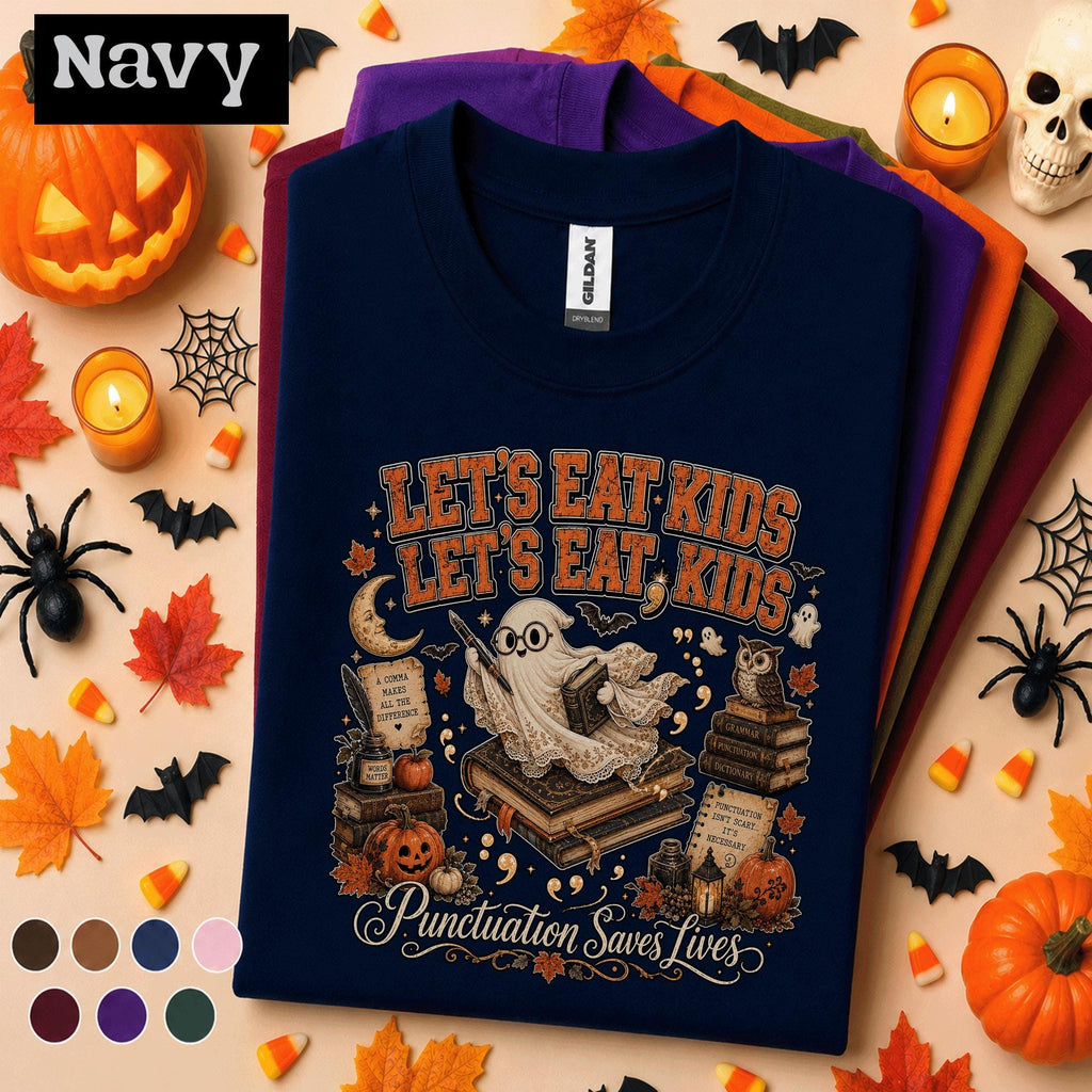 Funny English Teacher Halloween Shirt, Lets Eat Kids Punctuation Saves Lives Tee, Spooky Grammar Teacher Gift, Fall Classroom Educator Tee