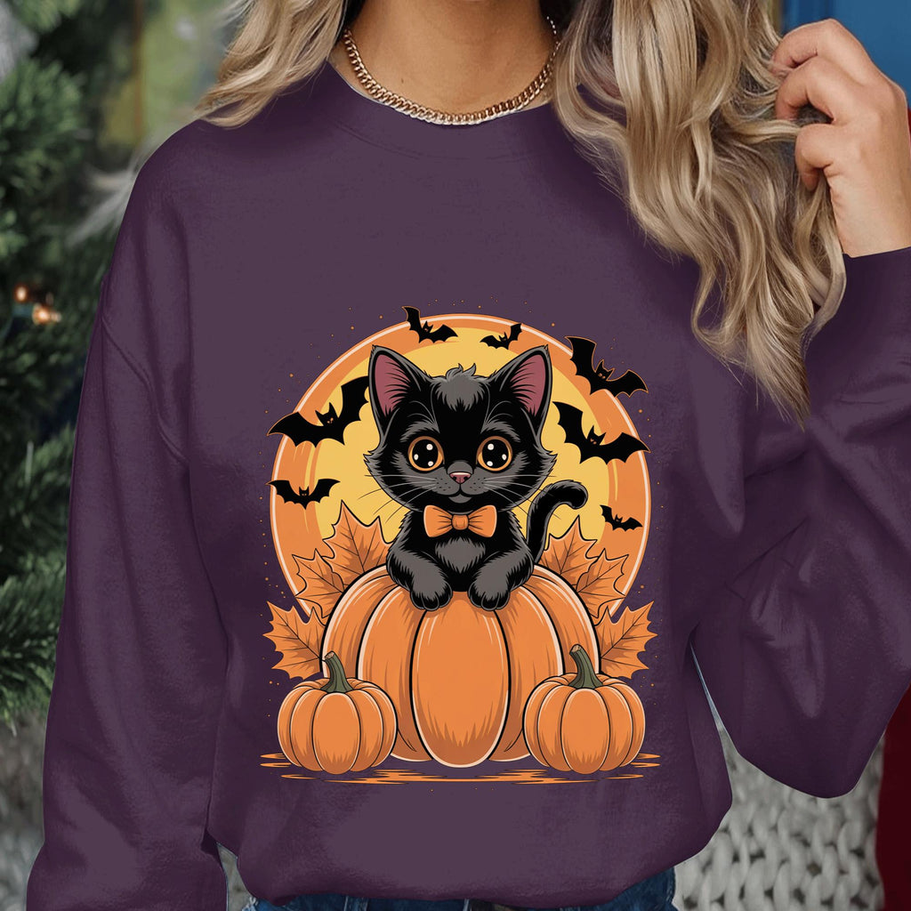 Cute Black Kitten on Pumpkin Shirt with Bats and Full Moon, Spooky Halloween Cat Lover Tee, Haunted Kitten Costume Top, Cat Halloween Shirt