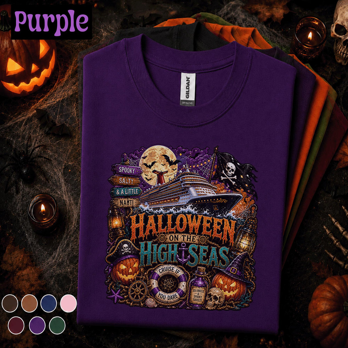 Halloween on the High Seas Shirt, Spooky Cruise Vacation Tee, Salty Nauti Pirate Ship, Pumpkin Witch Cruise Group Halloween Gift Tee