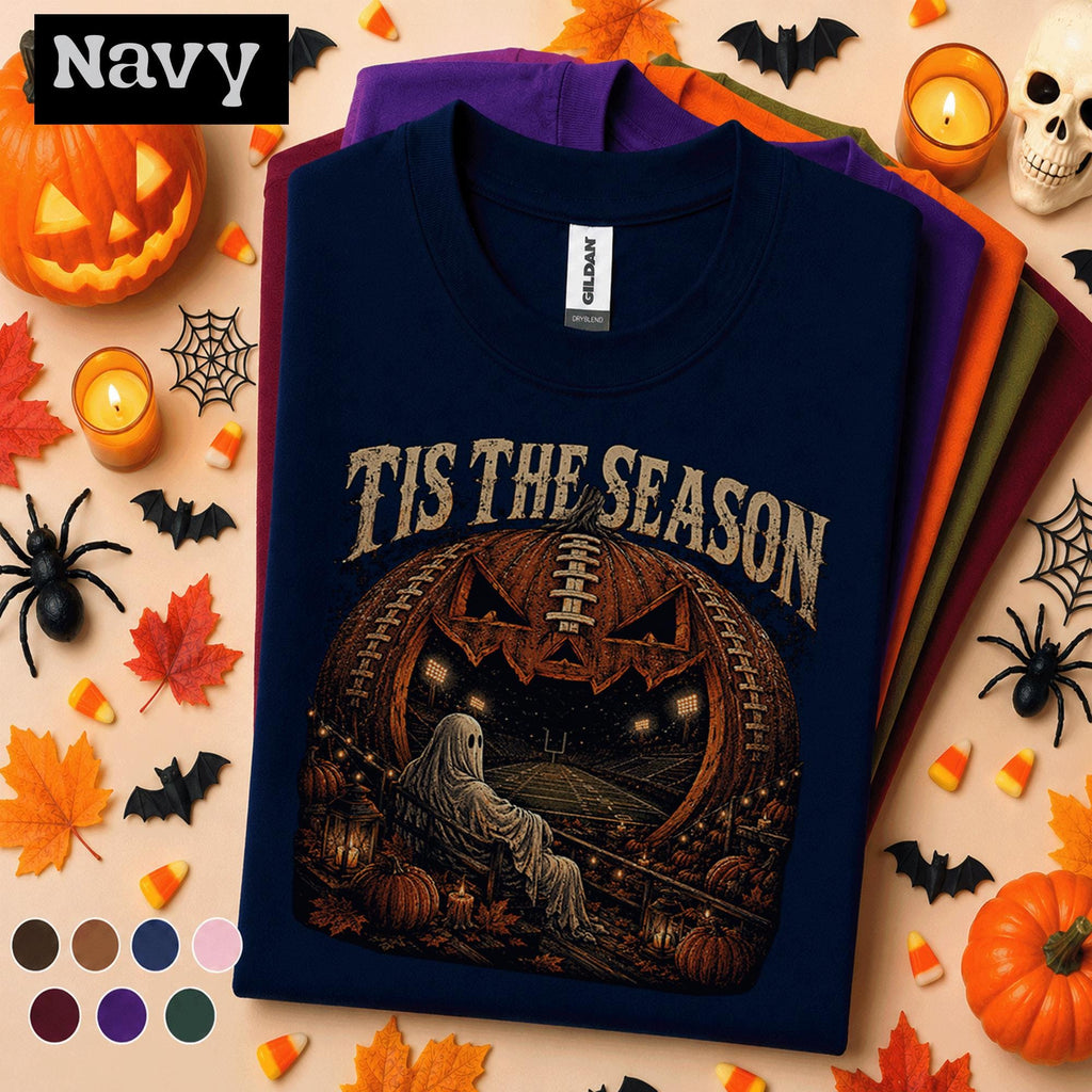 Tis the Season Football Halloween Shirt, Spooky Football Ghost Tee, Pumpkin Stadium T Shirt, Fall Game Day Top, Halloween Sports Gift