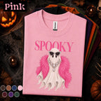 Spooky Glam Ghost Halloween Shirt, Pink Feather Boa Ghost Tee, Rhinestone Sunglasses, Girly Halloween Shirt, Fashionista Gift for Her
