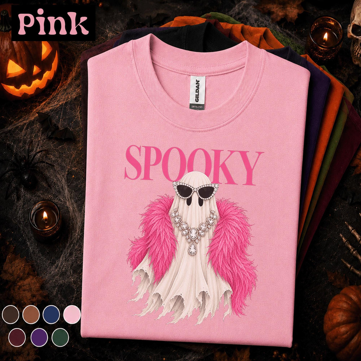 Spooky Glam Ghost Halloween Shirt, Pink Feather Boa Ghost Tee, Rhinestone Sunglasses, Girly Halloween Shirt, Fashionista Gift for Her