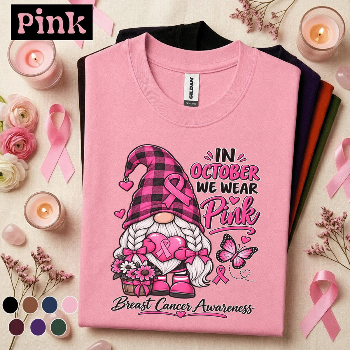 Breast Cancer Awareness Shirt, In October We Wear Pink Gnome Tee