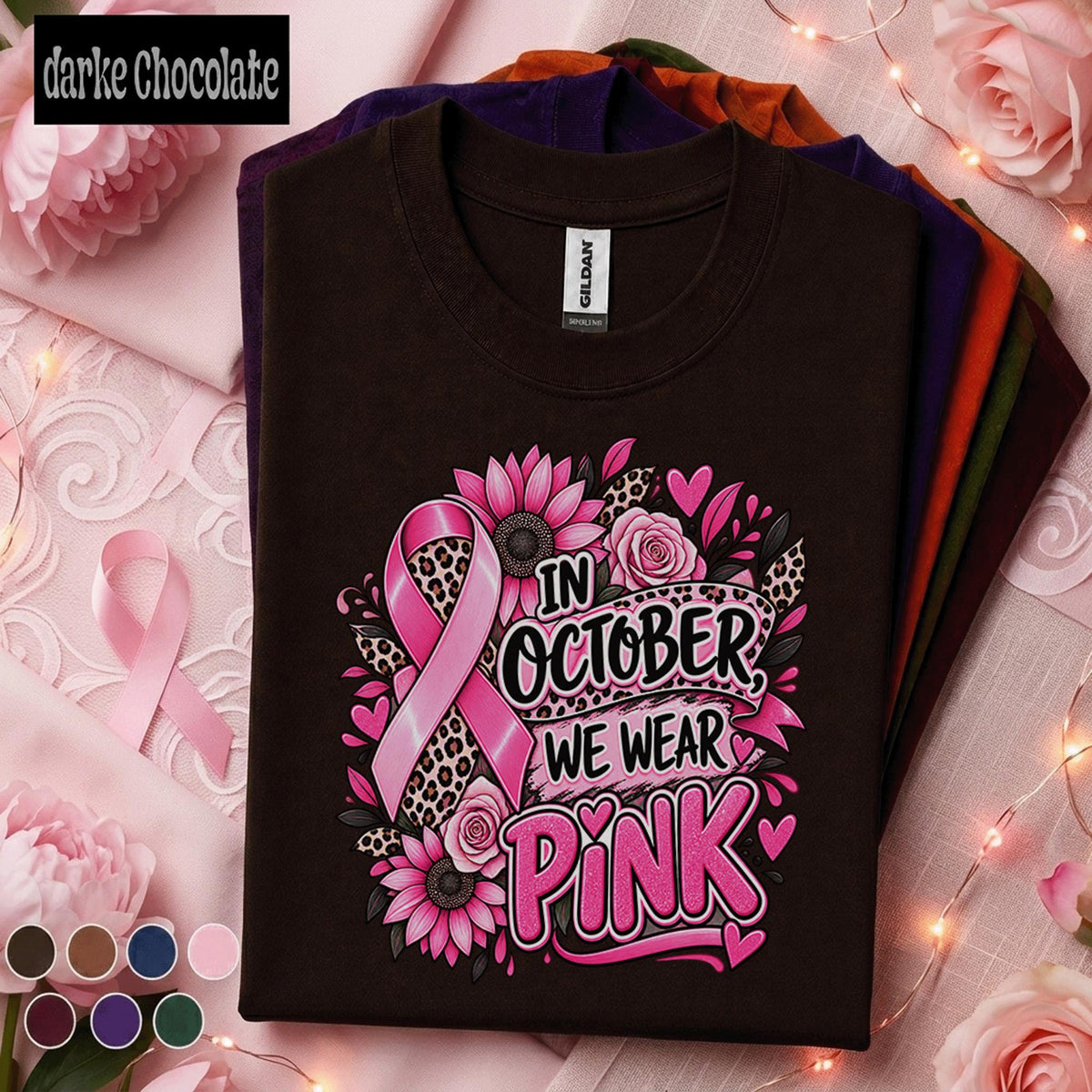 Breast Cancer Awareness Shirt, In October We Wear Pink Tee, Pink Ribbon Leopard Floral Shirt, Survivor Fighter Support Gift for Women