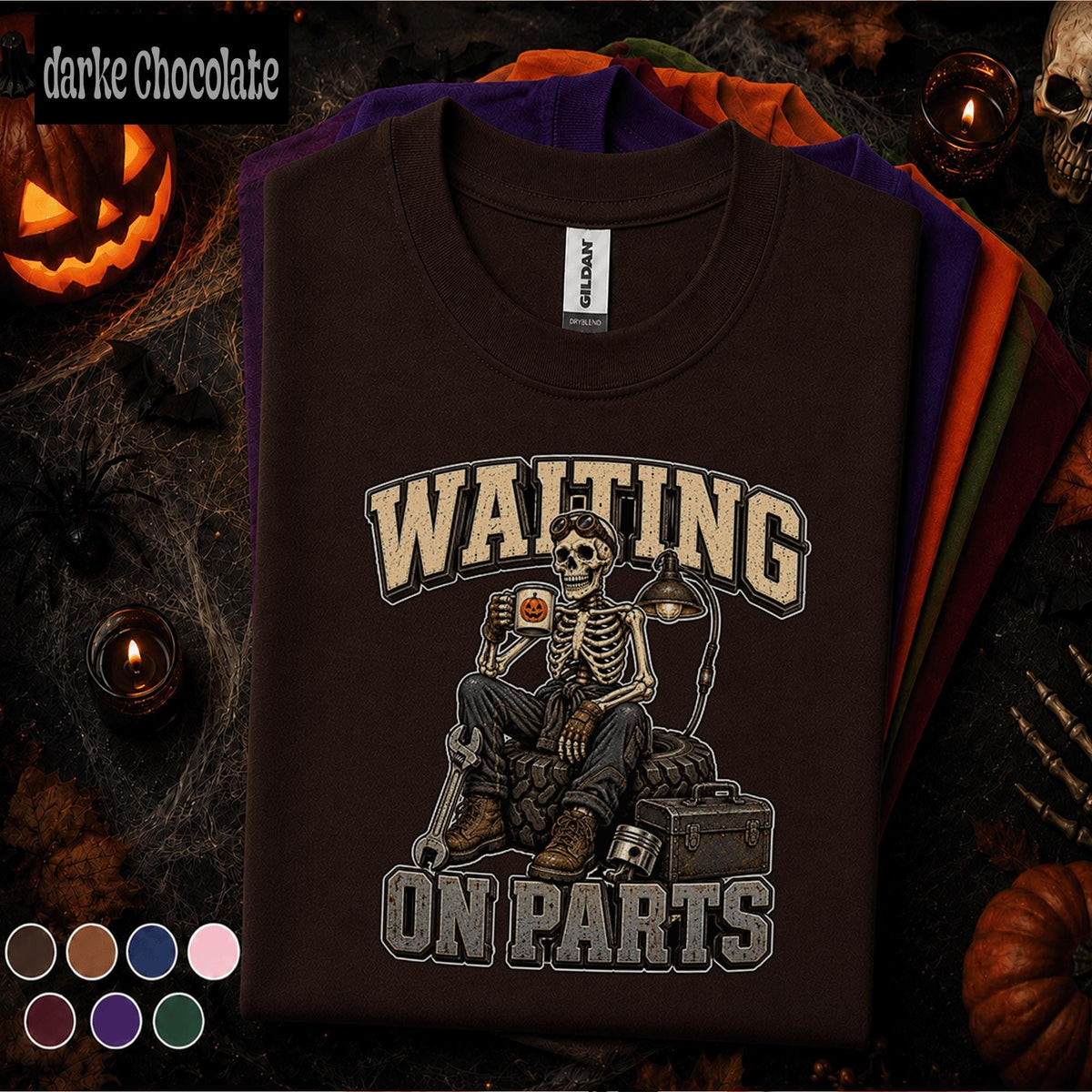 Mechanic Halloween Shirt, Waiting on Parts Tee, Funny Skeleton Mechanic Gift, Auto Repair Technician, Spooky Garage Worker T-Shirt