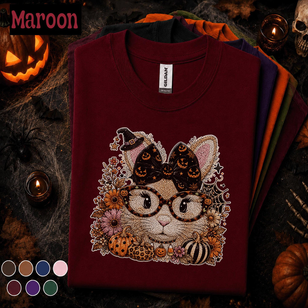 Halloween Cat Shirt, Cute Witchy Cat T Shirt, Pumpkin Bow Spooky Season Tee, Cat Mom Fall Shirt, Coquette Halloween Gift Tee