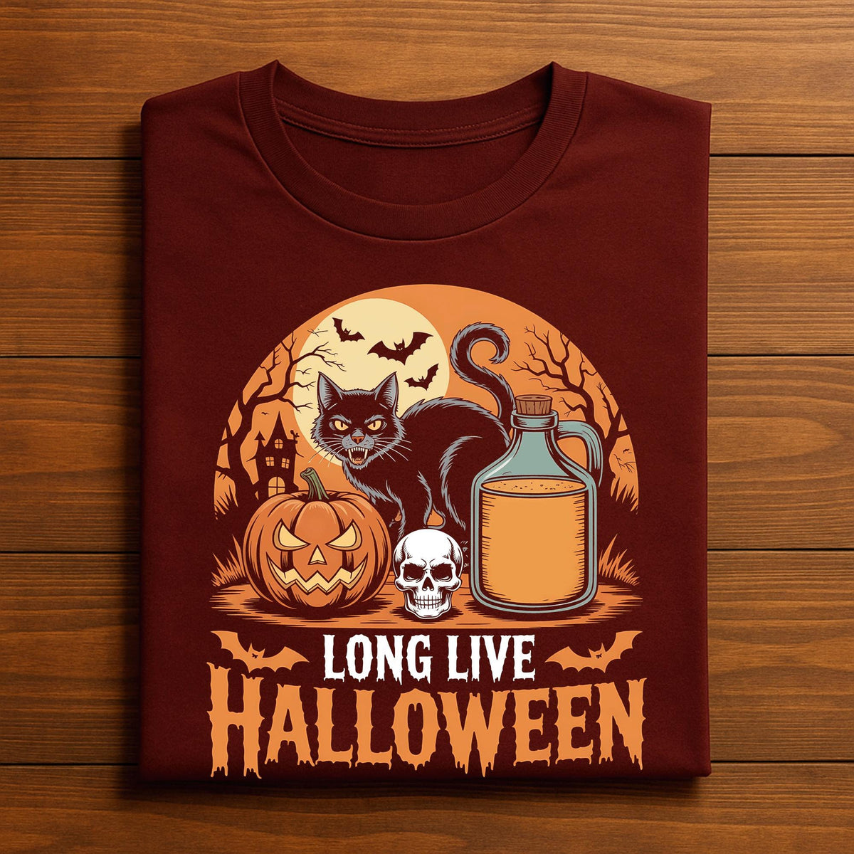 Long Live Halloween Shirt, Black Cat Pumpkin Skull Tee, Retro Spooky Season Shirt, Vintage Halloween T-Shirt, Black Cat halloween shirt