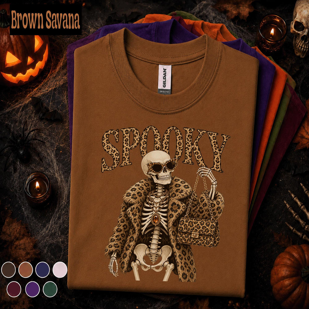 Spooky Skeleton Halloween Shirt, Leopard Print Skeleton Tee, Fashion Halloween, Glam Spooky Season Shirt, Skeleton Lover Gift