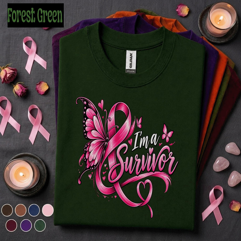 Breast Cancer Survivor Shirt, I'm a Survivor Pink Ribbon Tee, Butterfly Awareness Shirt, Inspirational Warrior Gift for Women Pink October