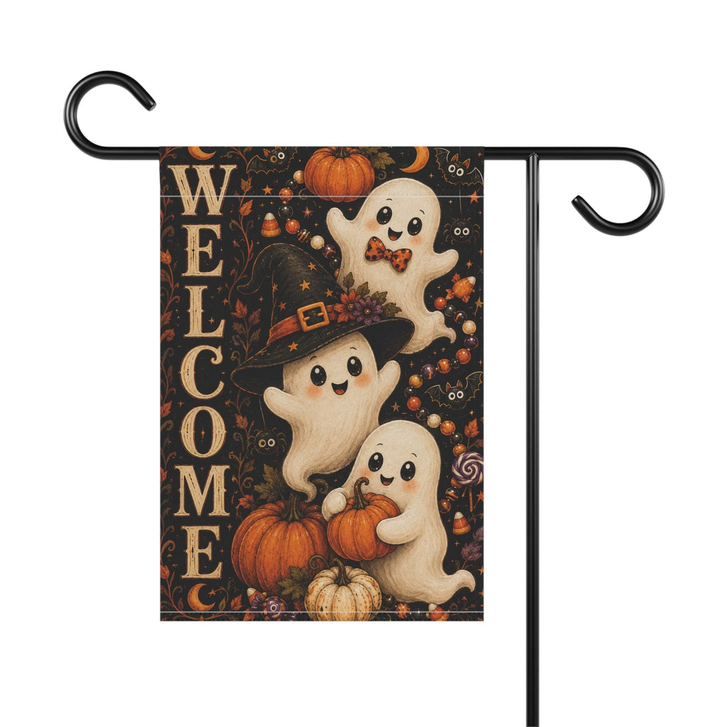 Cute Ghost Halloween Garden Flag, Welcome Witch Pumpkin Yard Decor, Spooky Ghost Outdoor Flag, Whimsical Halloween Porch Decoration