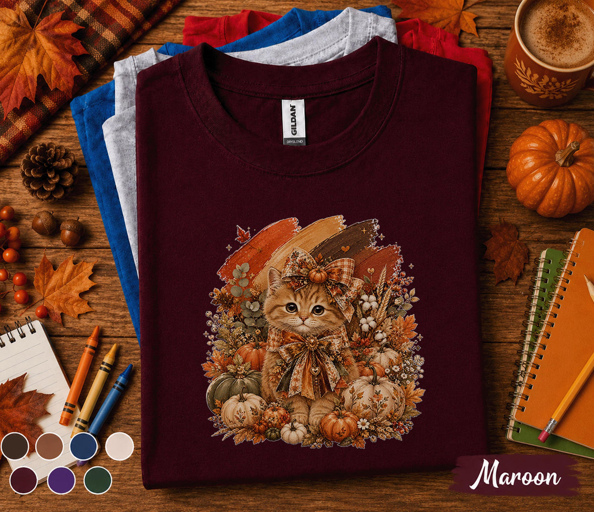 Cute Fall Kitten Shirt, Autumn Pumpkin Cat Tee, Cozy Cottagecore Kitty T-Shirt, Thanksgiving Cat Lover Gift, Harvest Season Outfit for Women