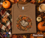 Cute Sleeping Fall Cat Shirt, Cozy Autumn Kitten Wreath Tee, Woodland Cat Lover T-Shirt, Pumpkin Season Thanksgiving Gift for Women