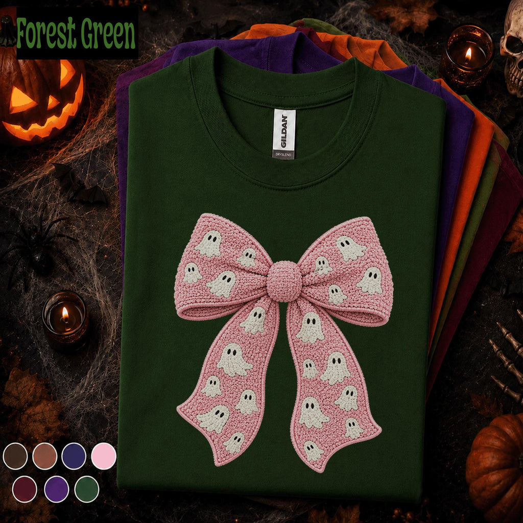 Pink Ghost Bow Halloween Shirt, Coquette Spooky Season Tee, Cute Crochet Ghost Shirt, Girly Halloween Bow Tee, Boo Gift for Women