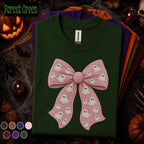 Pink Ghost Bow Halloween Shirt, Coquette Spooky Season Tee, Cute Crochet Ghost Shirt, Girly Halloween Bow Tee, Boo Gift for Women