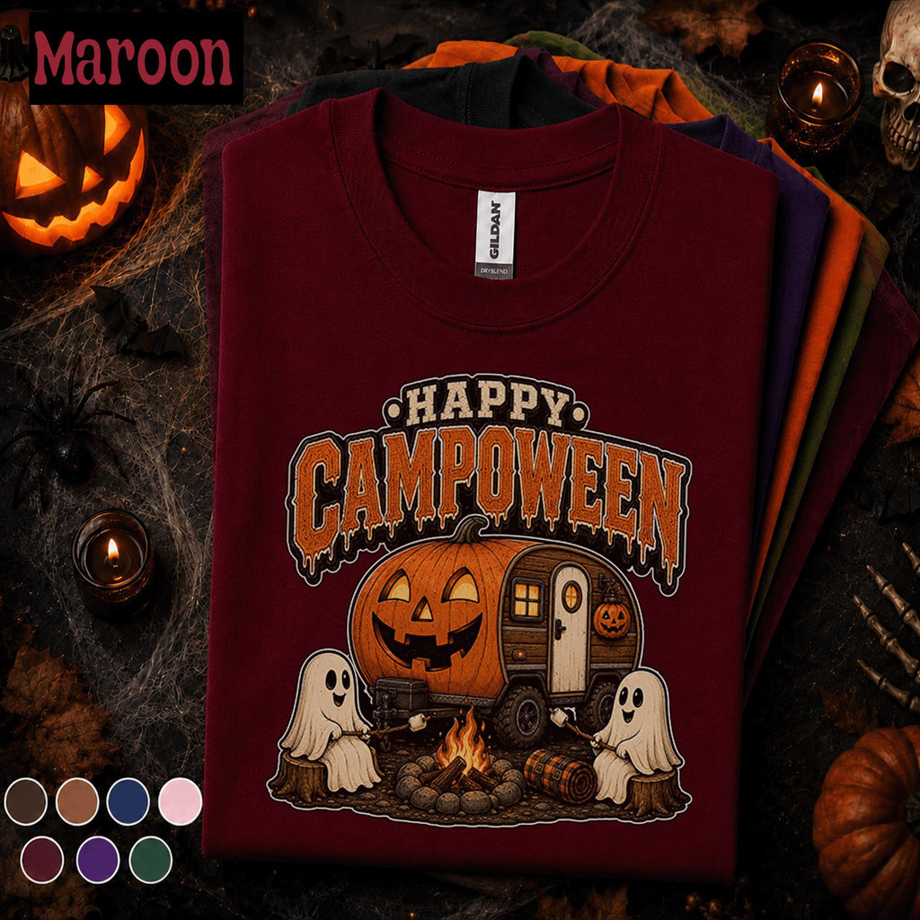 Happy Campoween Halloween Camping Shirt, Cute Ghost Camper Tee, Pumpkin RV Camping Gift, Spooky Campfire Shirt, Fall Camping Tee