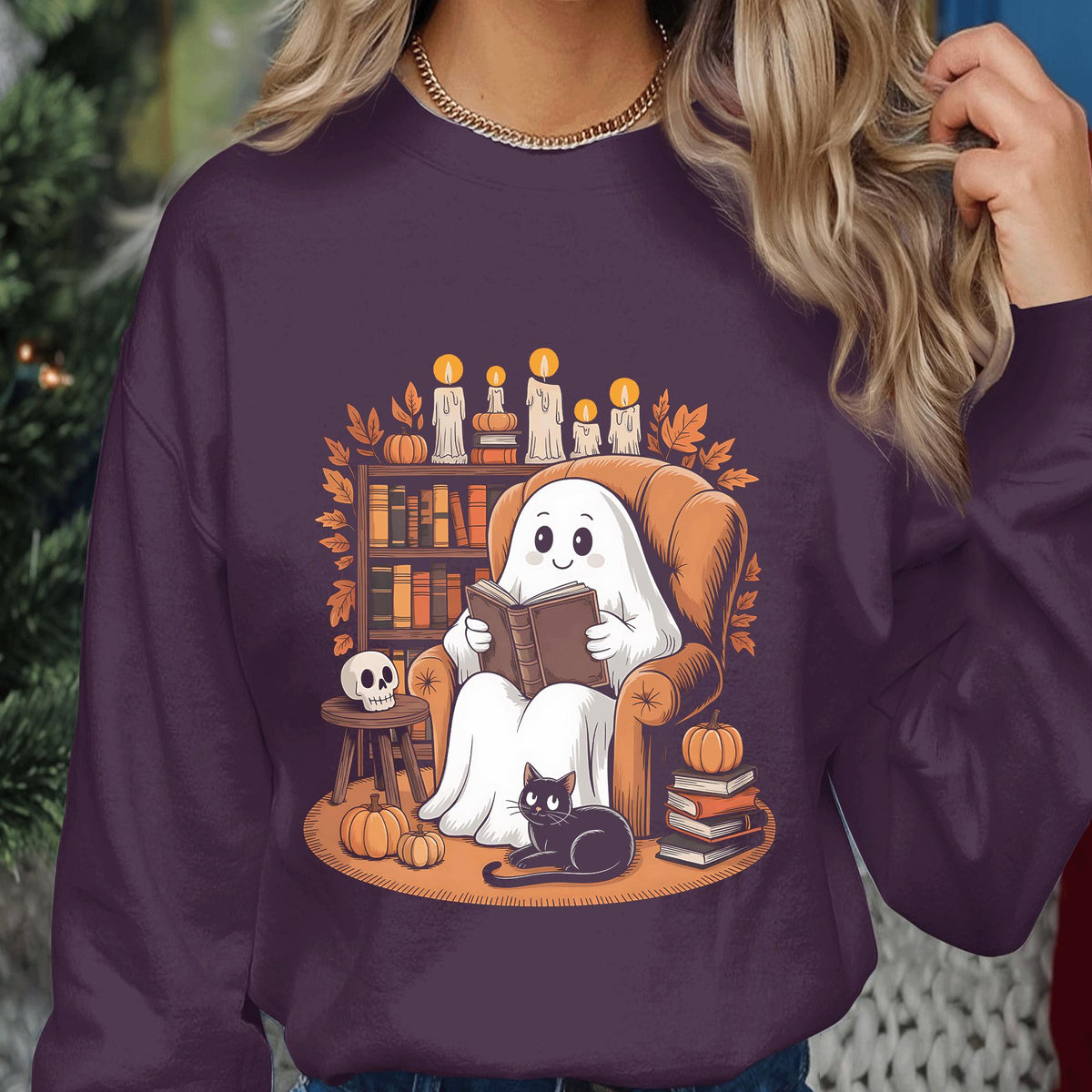Halloween ghost reading book shirt, Halloween Teacher Shirt, Library Halloween Shirt, Ghost Teacher Halloween Sweatshirt, spooky Teacher cat