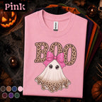 Boo Halloween Shirt, Cute Ghost Tee, Pink Bow Halloween Top, Leopard Print Ghost Shirt, Girly Spooky Season Tee, Fall Gift