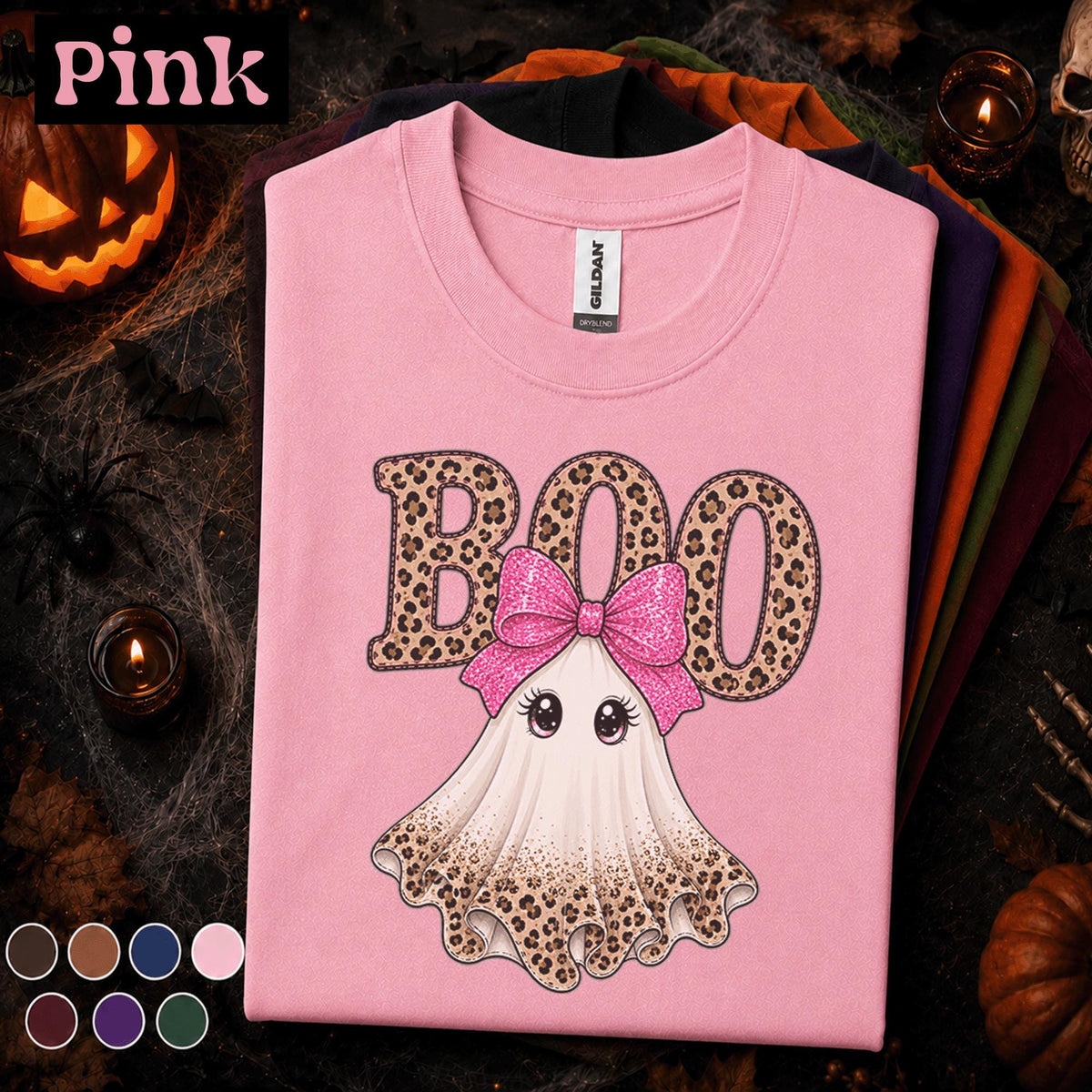 Boo Halloween Shirt, Cute Ghost Tee, Pink Bow Halloween Top, Leopard Print Ghost Shirt, Girly Spooky Season Tee, Fall Gift