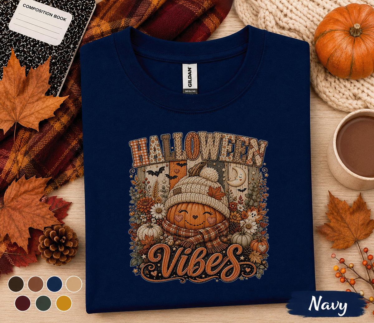 Halloween Vibes Shirt, Cute Pumpkin Ghost Tee, Spooky Season Fall Shirt, Cozy Autumn Pumpkin Shirt, Funny Halloween Sweatshirt Gift Women