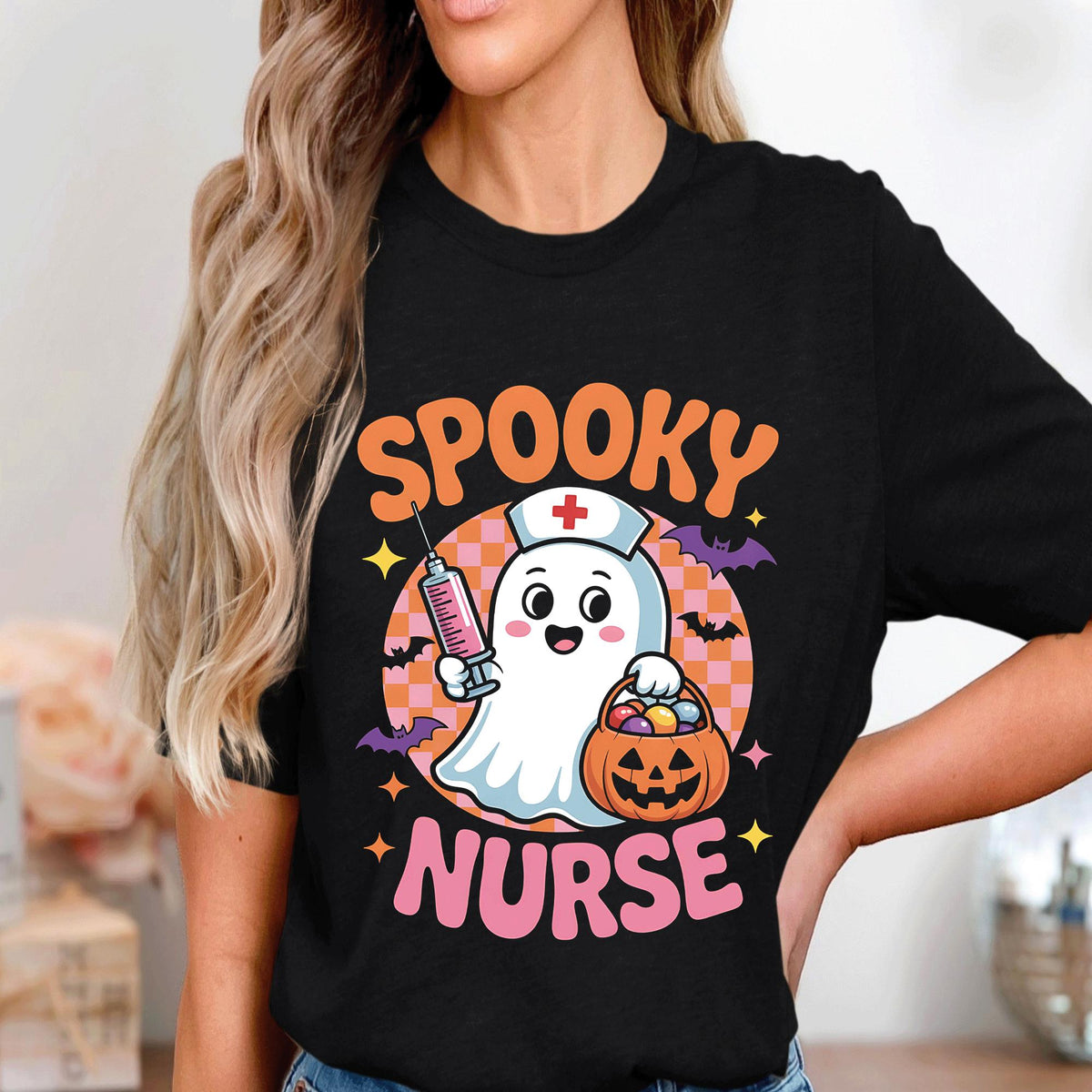 Spooky Nurse Shirt Cute Halloween Nurse Tee With Syringe Pumpkin, Funny Medical Costume Outfit, Ghost Nurse Halloween Shirt, ER Halloween
