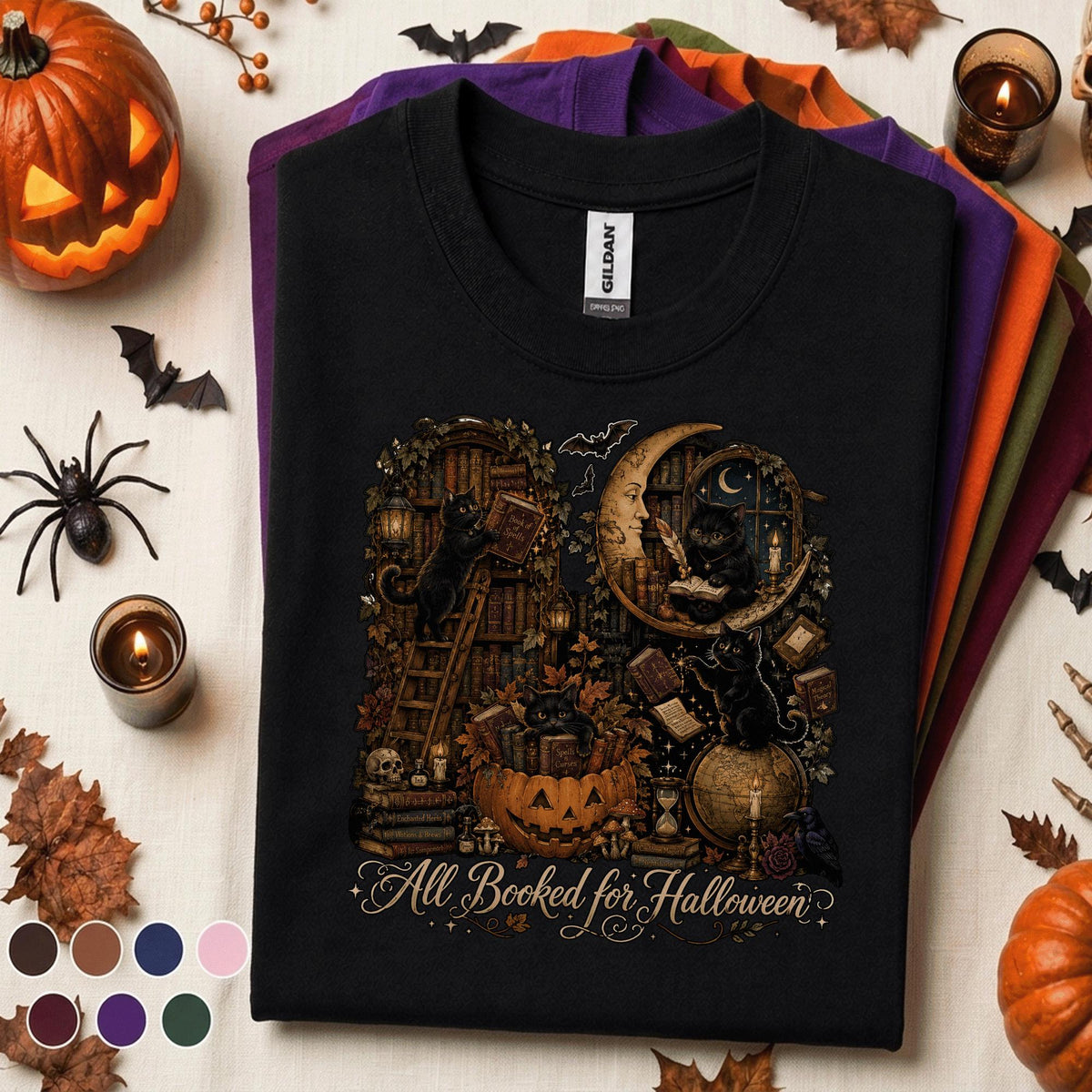 All Booked for Halloween Shirt, Black Cat Book Lover Tee