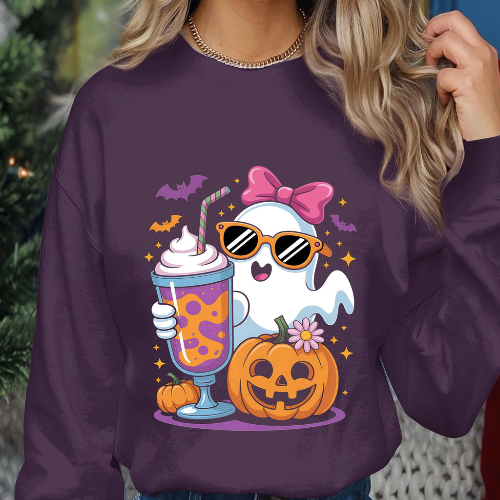 Kawaii Ghost Shirt with Pumpkin and Drink, Cute Spooky Season Tee, Pastel Halloween Aesthetic Sweatshirt Gift, Women Halloween Shirt Girls