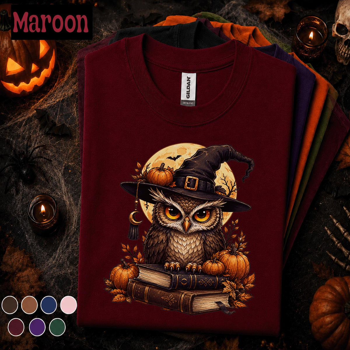 Halloween Owl Shirt, Witch Owl T Shirt, Spooky Season Tee, Pumpkin Moon Shirt, Witchy Fall Top, Owl Lover Halloween Gift Tee