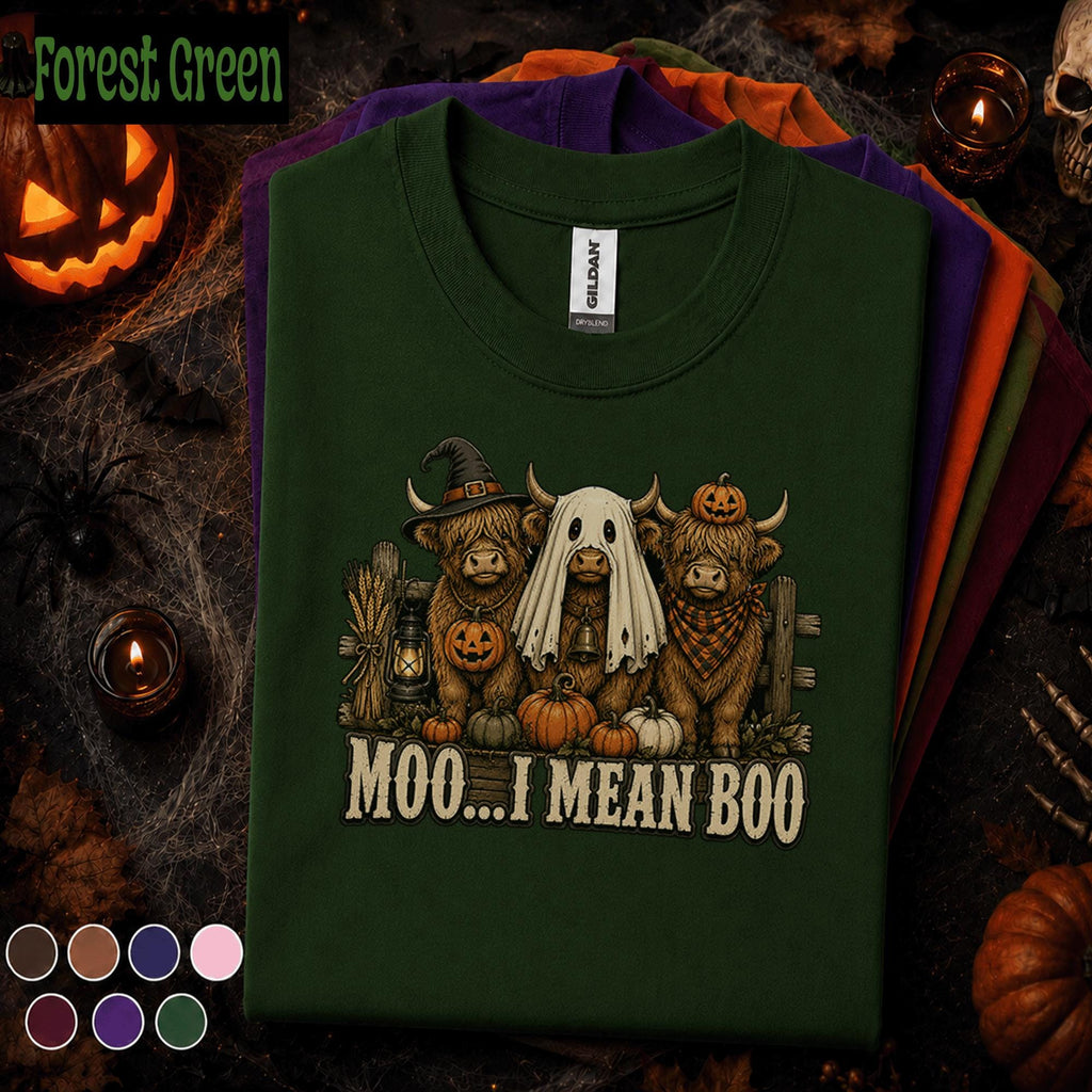 Moo I Mean Boo Halloween Shirt, Highland Cow Ghost Tee, Funny Farm Halloween Gift, Pumpkin Cow Shirt, Cute Spooky Fall Tee