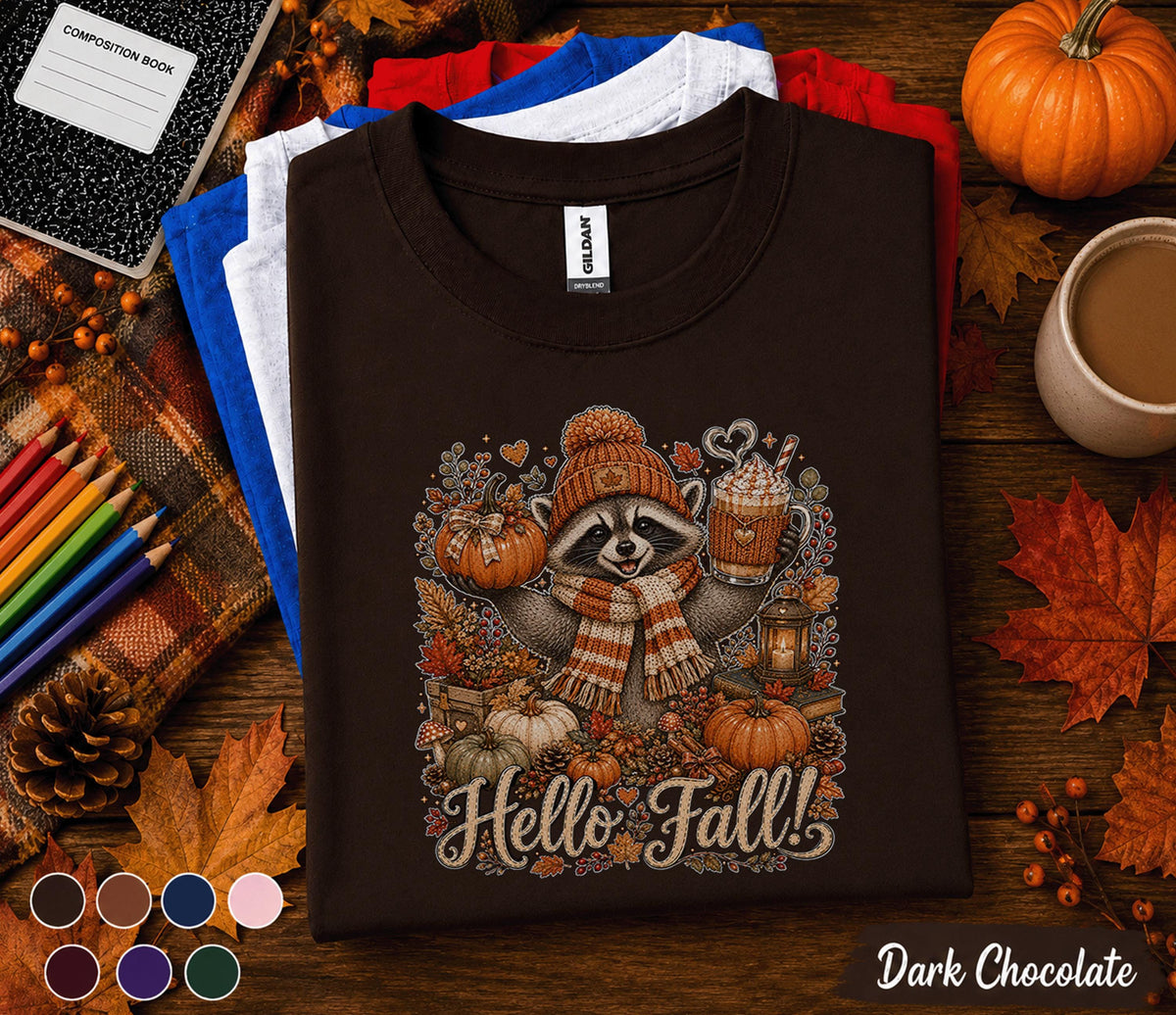 Hello Fall Raccoon Shirt, Cute Autumn Raccoon Pumpkin Spice Coffee Tee, Cozy Woodland Animal Fall Shirt, Thanksgiving Harvest Sweatshirt