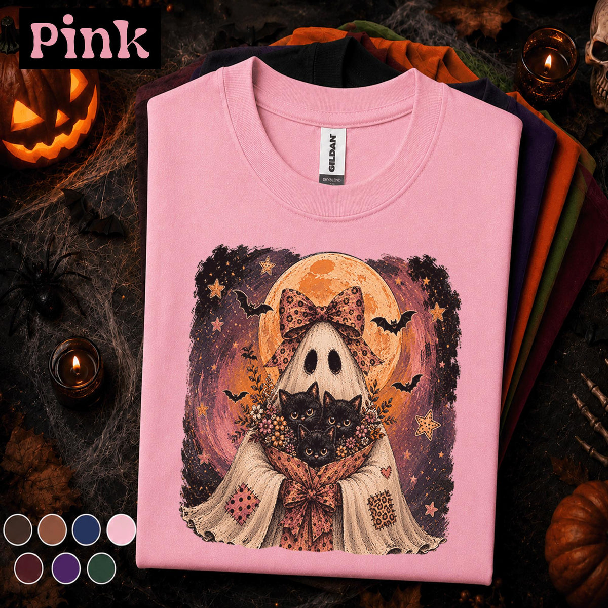Ghost and Black Cats Halloween Shirt, Cute Spooky Cat Tee, Vintage Ghost T Shirt, Witchy Cat Mom Fall Tee, Halloween Cat Lover Gift