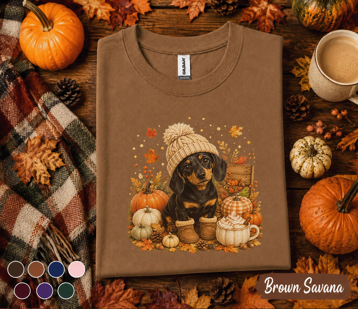 Cute Dachshund Fall Shirt, Cozy Autumn Wiener Dog Pumpkin Tee, Doxie Lover Sweatshirt, Thanksgiving Puppy, Dog Mom Gift, Fall Coffee Shirt