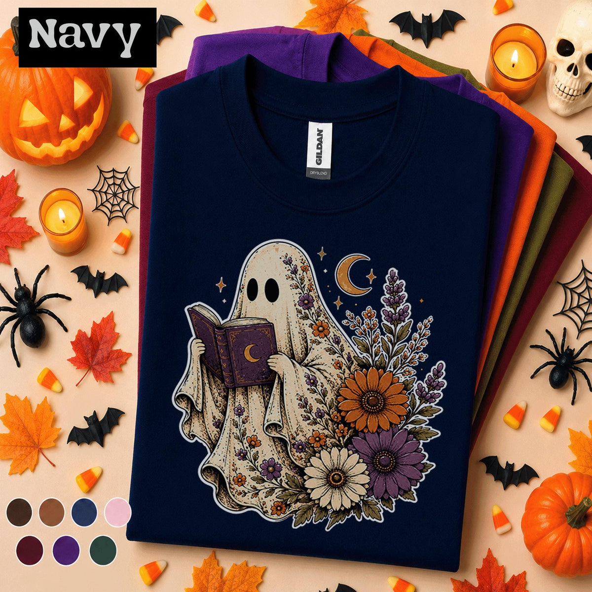 Floral Ghost Halloween Shirt, Book Lover Ghost T Shirt, Spooky Season Tee, Cottagecore Floral, Cute Reader Halloween Gift Tee