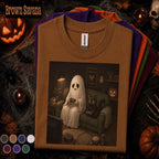 Ghost Gamer Halloween Shirt, Cute Gaming Ghost and Black Cat Tee, Cozy Spooky Season Shirt, Retro Gamer Halloween Gift Tee