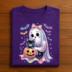 Kawaii Ghost with Cat Pumpkin Shirt, Pastel Halloween Ghost Tee