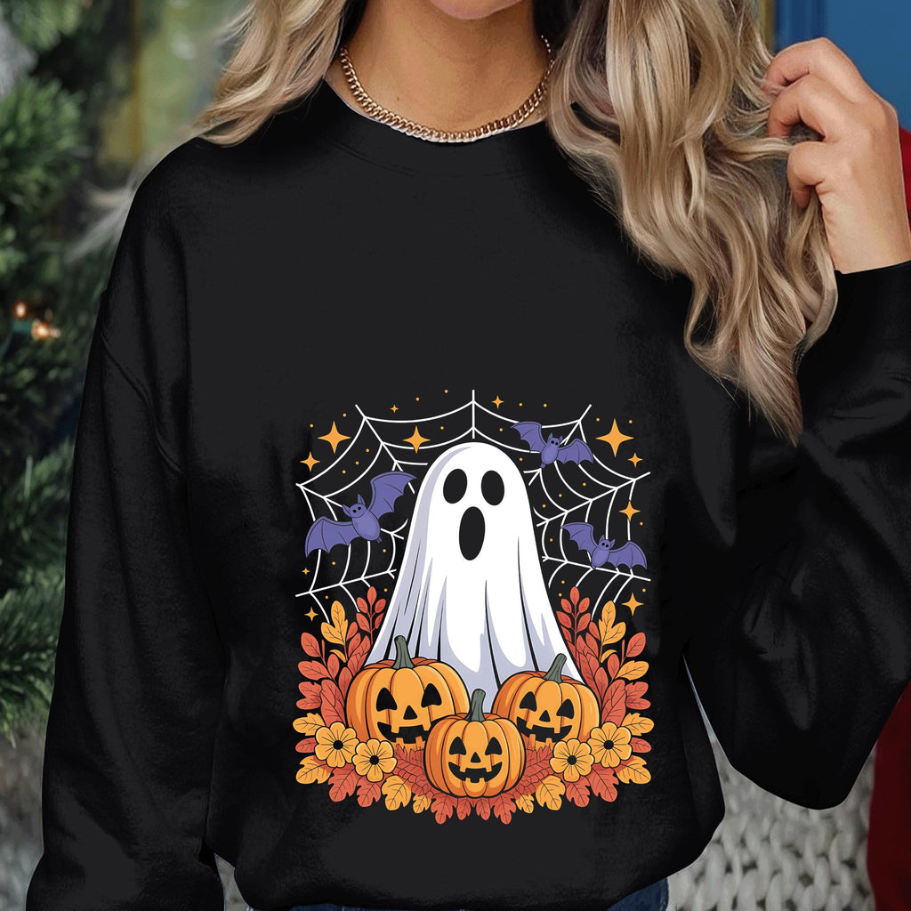 Spooky Ghost Pumpkin Shirt, Halloween Bat Haunted Tee, Ghost Sweatshirt, Women Halloween Sweatshirt, Girl Halloween Shirt, Cute Ghost Shirts