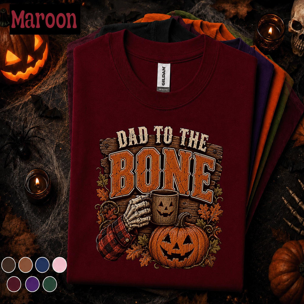 Dad to the Bone Halloween Shirt, Funny Skeleton Dad Tee, Pumpkin Coffee Spooky Father Gift, Vintage Fall Dad Joke Shirt Grandpa