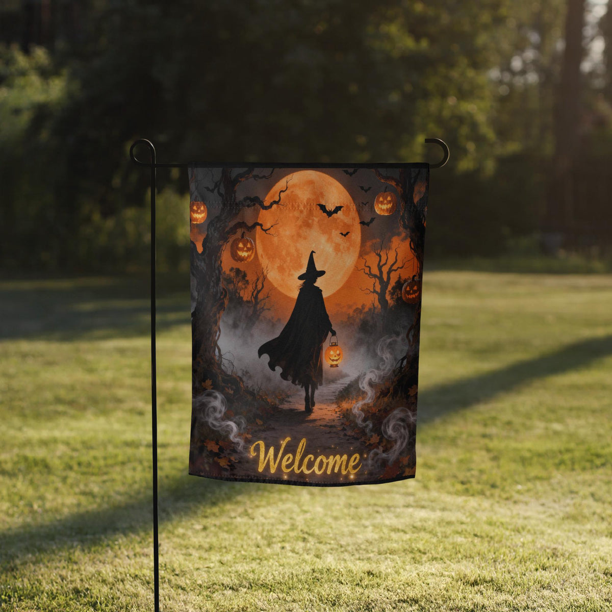 Halloween Witch Garden Flag with Full Moon, Personalized Outdoor Banner, Custom Yard Sign for Porch - Eerie Fall Halloween Party Decoration