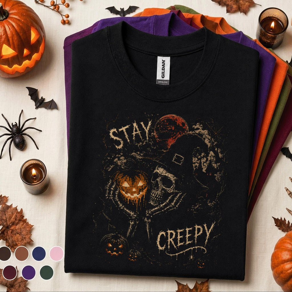 Stay Creepy Halloween Shirt, Skeleton Witch Pumpkin Tee