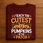 I Teach the Cutest Pumpkins Shirt, Gift Halloween Teacher Tee with Smiling Pumpkins and Vines, Sweatshirt Preschool Kindergarten Fall Top