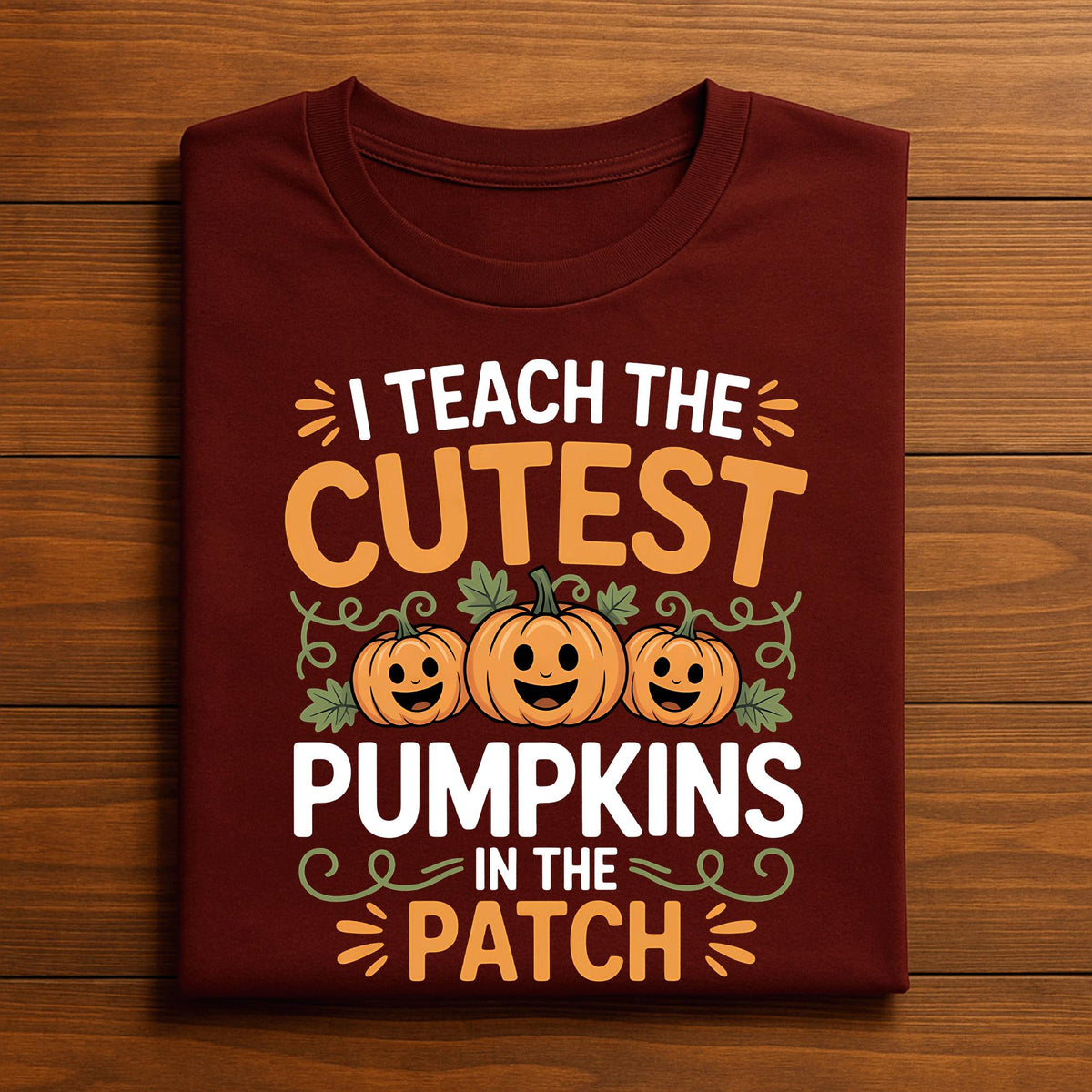 I Teach the Cutest Pumpkins Shirt, Gift Halloween Teacher Tee with Smiling Pumpkins and Vines, Sweatshirt Preschool Kindergarten Fall Top