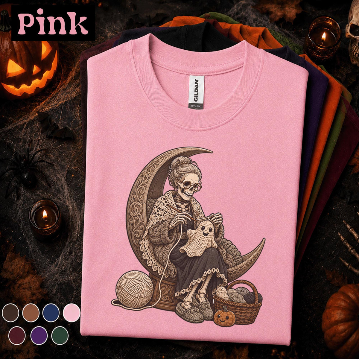 Skeleton Crochet Halloween Shirt, Gothic Yarn Lover Tee, Spooky Crochet Ghost Gift, Crescent Moon Knitting Shirt, Witchy Fiber Art Tee
